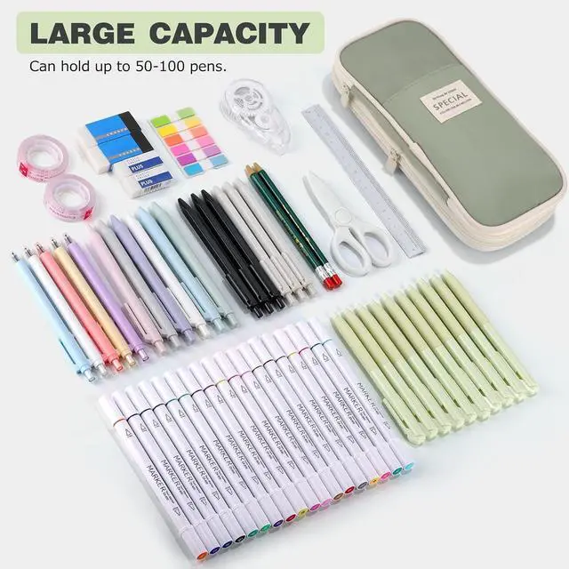 Alt view image 3 of 7 - Large Capacity Pencil Case with Zipper, Aesthetic Pencil Pouch, Portable Stationery Organizer Bag for Teen and Adults, Big Pencil Bag for College, Office, Travel