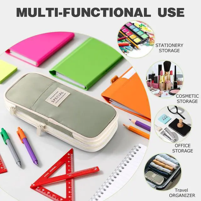 Alt view image 6 of 7 - Large Capacity Pencil Case with Zipper, Aesthetic Pencil Pouch, Portable Stationery Organizer Bag for Teen and Adults, Big Pencil Bag for College, Office, Travel
