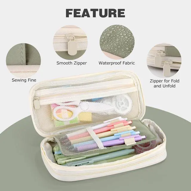 Alt view image 5 of 7 - Large Capacity Pencil Case with Zipper, Aesthetic Pencil Pouch, Portable Stationery Organizer Bag for Teen and Adults, Big Pencil Bag for College, Office, Travel