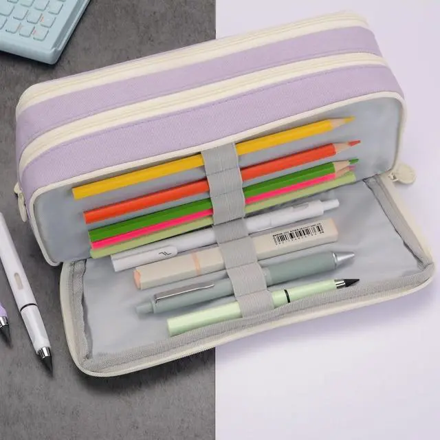 Alt view image 6 of 7 - Large Capacity Special Aesthetic Pencil Case Organizer with 3 Compartments, Big Preppy School Pencil Pouch Bag for Girls Women Adults, Pencil Holder Pen Pouch Cases (Purple 2)