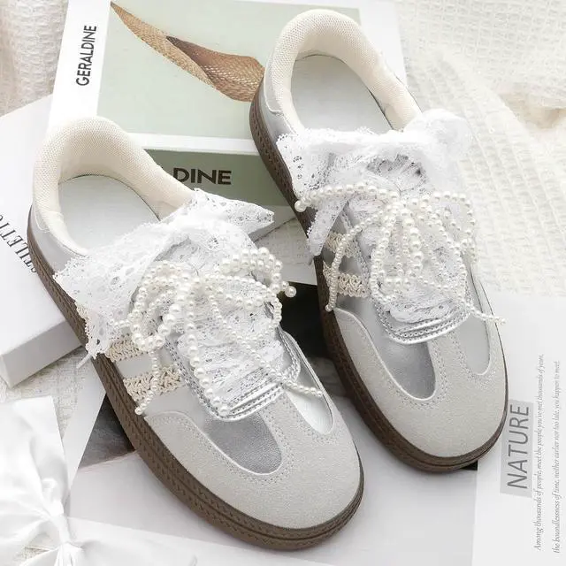 Alt view image 2 of 7 - Flat Lace Fancy Shoelaces: 2 Pairs 3CM Wide Women Lacy Shoe Laces | Cute Sneakers Shoestrings, Soft Nylon Material, 14 Lengths, 13 Colors, Fit for Tennis Shoes/High Tops/Boots