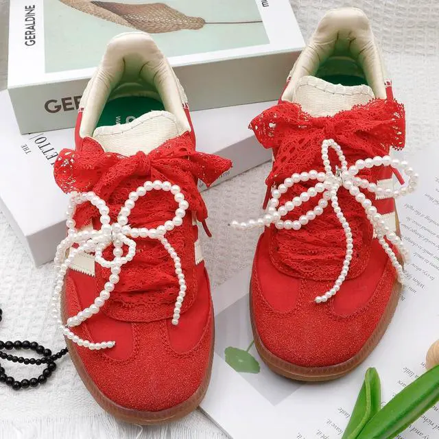 Alt view image 2 of 7 - Flat Lace Fancy Shoelaces: 2 Pairs 3CM Wide Women Lacy Shoe Laces | Cute Sneakers Shoestrings, Soft Nylon Material, 14 Lengths, 13 Colors, Fit for Tennis Shoes/High Tops/Boots