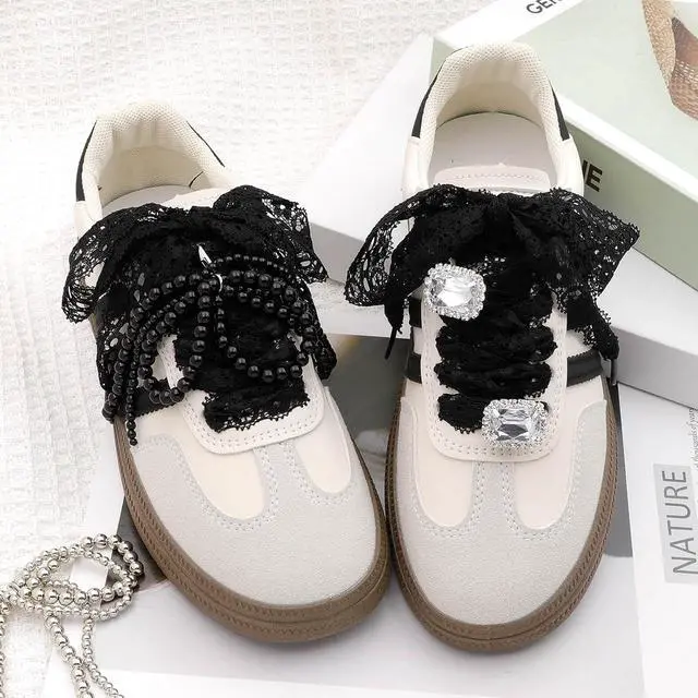 Alt view image 2 of 7 - Flat Lace Fancy Shoelaces: 2 Pairs 3CM Wide Women Lacy Shoe Laces | Cute Sneakers Shoestrings, Soft Nylon Material, 14 Lengths, 13 Colors, Fit for Tennis Shoes/High Tops/Boots