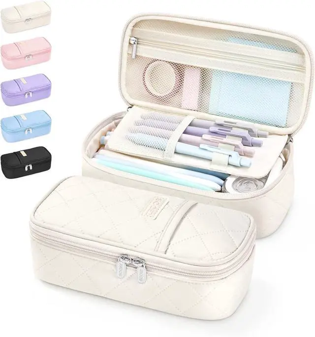 Main image of Sooez Cute Pencil Case, Soft Quilted Pencil Pouch, Large Pen Pencil Bag | Zipper Pen Case, Aesthetic Pen Pouch, Colored Stationery Storage & Organizer, School Supplies for Teen Girl Students, Beige