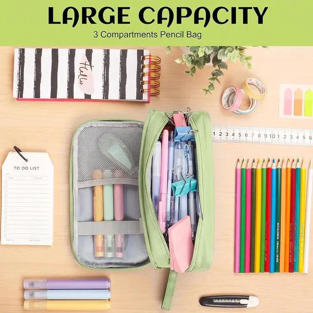 Alt view image 7 of 7 - Pencil Case Big Capacity Pen Pouch Large Storage Holder Marker Pen Bag Durable 3 Compartment School Office Desk Organizer Portable Cute Zipper Stationery for Kids Teen Student Boys Girls Adults
