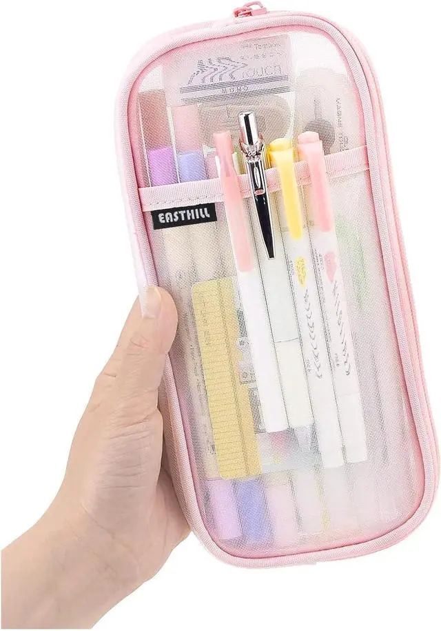 Main image of EASTHILL Grid Mesh Pen Pencil Case with Zipper Clear Makeup Color Pouch Cosmetics Bag Multi-Purpose Travel School Teen Girls and Boys Transparent Stationary Bag Office Organizer Box for Adluts(Pink)