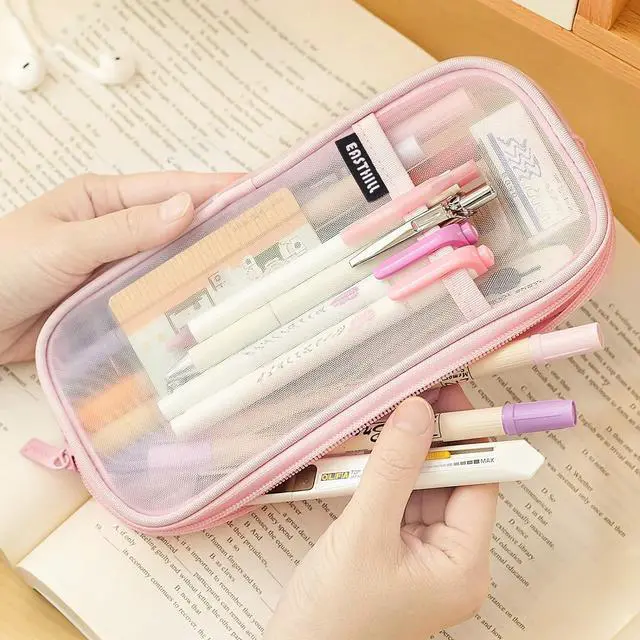 Alt view image 2 of 7 - EASTHILL Grid Mesh Pen Pencil Case with Zipper Clear Makeup Color Pouch Cosmetics Bag Multi-Purpose Travel School Teen Girls and Boys Transparent Stationary Bag Office Organizer Box for Adluts(Pink)