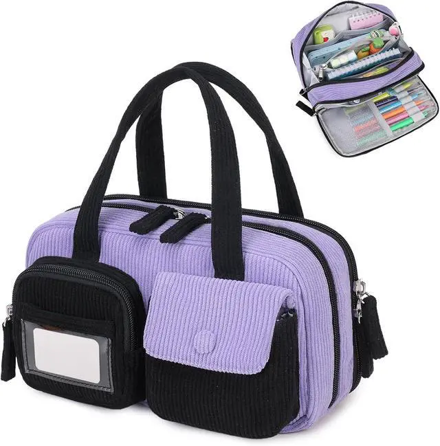 Main image of Pencil Case Corduroy Multiple Compartments Pouch Bag for Girl, Black Purple