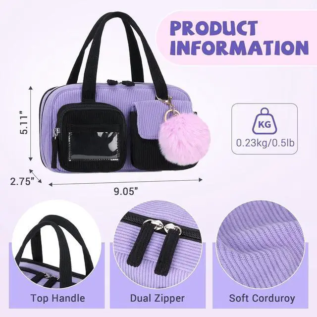 Alt view image 4 of 7 - Pencil Case Corduroy Multiple Compartments Pouch Bag for Girl, Black Purple