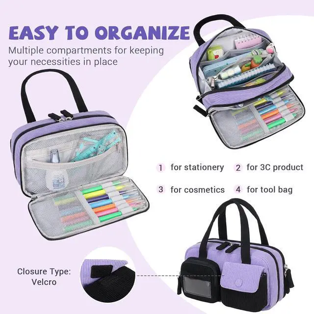 Alt view image 5 of 7 - Pencil Case Corduroy Multiple Compartments Pouch Bag for Girl, Black Purple
