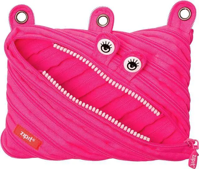 Main image of ZIPIT Monster Pencil Case for Girls, Cute 3-Ring Binder Pouch ,Pink | One long zipper pouch, wide opening, machine washable, fits a 3-ring binder, holds 60 pens & pencils, great as makeup case
