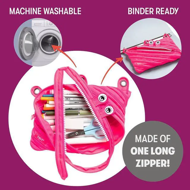 Alt view image 2 of 6 - ZIPIT Monster Pencil Case for Girls, Cute 3-Ring Binder Pouch ,Pink | One long zipper pouch, wide opening, machine washable, fits a 3-ring binder, holds 60 pens & pencils, great as makeup case