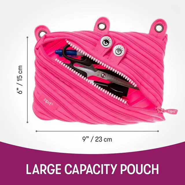 Alt view image 4 of 6 - ZIPIT Monster Pencil Case for Girls, Cute 3-Ring Binder Pouch ,Pink | One long zipper pouch, wide opening, machine washable, fits a 3-ring binder, holds 60 pens & pencils, great as makeup case
