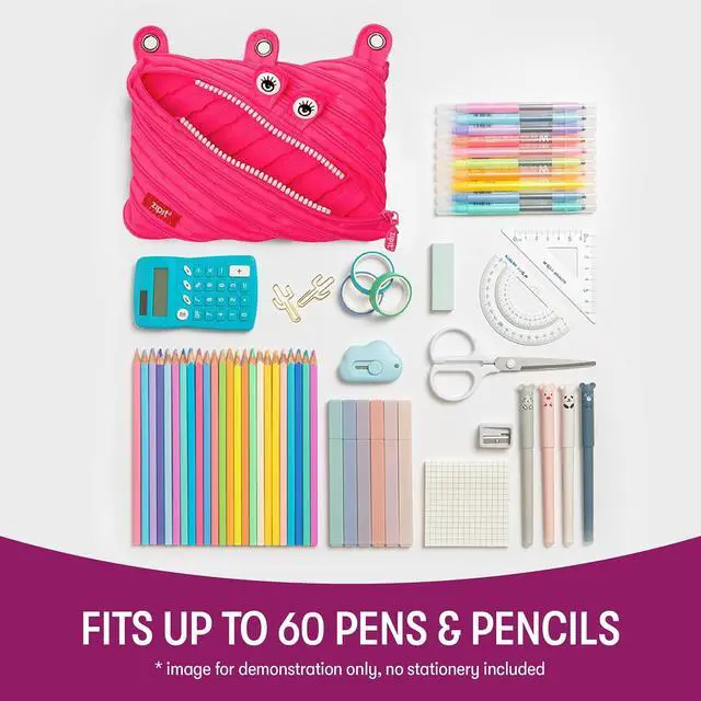 Alt view image 6 of 6 - ZIPIT Monster Pencil Case for Girls, Cute 3-Ring Binder Pouch ,Pink | One long zipper pouch, wide opening, machine washable, fits a 3-ring binder, holds 60 pens & pencils, great as makeup case