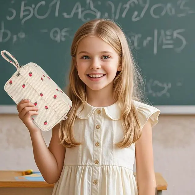 Alt view image 3 of 7 - Bluboon Big Capacity Pencil Case Pencil Pouch Pen Case School Supplies Cute Pencil Box Pencil Bag for Teen Girls Boys Women Man (Strawberry Beige)