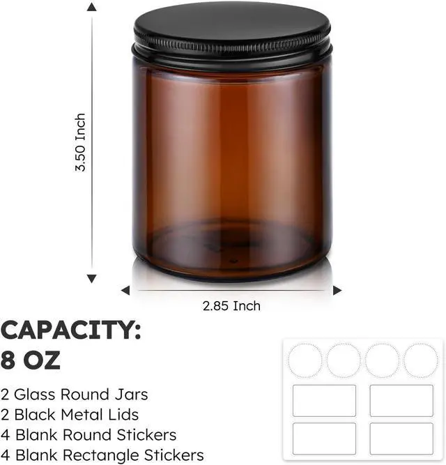 Alt view image 3 of 7 - 8 oz Glass Jars with Metal Lids, 2 Pack Small Amber Glass Jars with Lids | Leakproof, BPA-Free, Empty Glass Containers with Blank Labels for Sample, Cream, Lotion, Honey, Powder