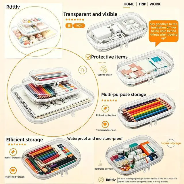 Alt view image 6 of 6 - Thickened Clear Hard Shell Zipper Case,Professional-Grade Plastic Clear Zipper Pencil Case, Toiletry Pouch, Travel Organizer, Cosmetic Bag, Toy Storage Bins (2PCS-S)