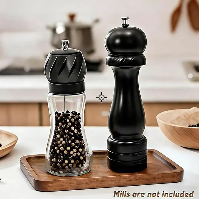 Alt view image 2 of 7 - Salt and Pepper Grinder Wood Tray, Kitchen Seasoning Bottle Stand Holder Countertop Organizer, Rustic and Small Rectangle Serving Platter Dining Table Protector Home Decor