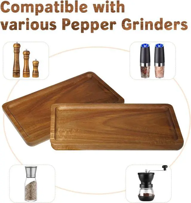 Alt view image 3 of 7 - Salt and Pepper Grinder Wood Tray, Kitchen Seasoning Bottle Stand Holder Countertop Organizer, Rustic and Small Rectangle Serving Platter Dining Table Protector Home Decor