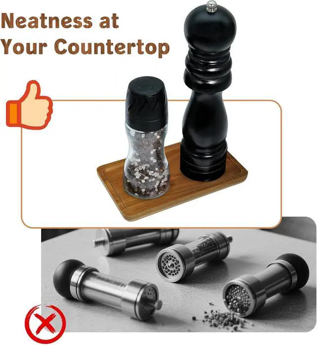 Alt view image 7 of 7 - Salt and Pepper Grinder Wood Tray, Kitchen Seasoning Bottle Stand Holder Countertop Organizer, Rustic and Small Rectangle Serving Platter Dining Table Protector Home Decor