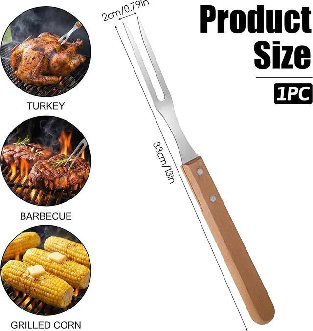 Alt view image 2 of 7 - Meat Fork, 13 Inch Stainless Steel Carving Fork, Two-Pronged Design | Cooking Fork, Stainless Steel BBQ Fork with Wood Handle for Kitchen Barbecue Serving Cooking Grilling Roasting