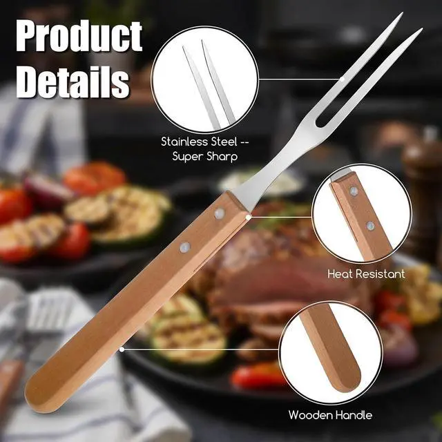 Alt view image 3 of 7 - Meat Fork, 13 Inch Stainless Steel Carving Fork, Two-Pronged Design | Cooking Fork, Stainless Steel BBQ Fork with Wood Handle for Kitchen Barbecue Serving Cooking Grilling Roasting