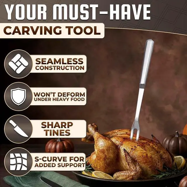 Alt view image 4 of 7 - 11" Stainless Steel Cooking Fork for Meat, Solid Metal Handle | Meat Fork with 2 Prong Tines that Hold Roasts Without Bending, Dishwasher Safe; for Carving, Beef, Grilling, Roasting and BBQ