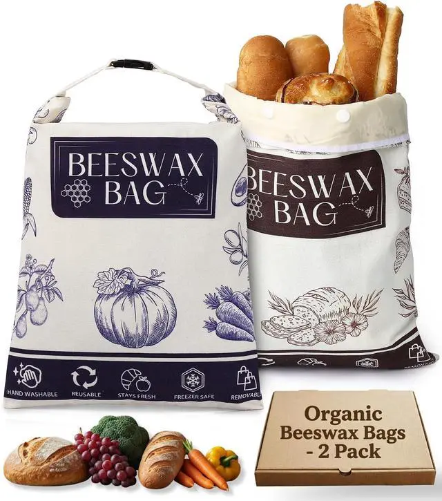 Main image of 2-Pack Organic Beeswax Bread Bags for Sourdough, Removable Liner | Removable double-layer design for easier cleaning. XL 17 x 12 in bags fit sourdough boules, sandwich loaves and baguettes.