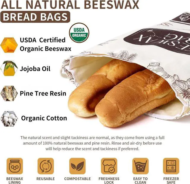 Alt view image 3 of 7 - 2-Pack Organic Beeswax Bread Bags for Sourdough, Removable Liner | Removable double-layer design for easier cleaning. XL 17 x 12 in bags fit sourdough boules, sandwich loaves and baguettes.