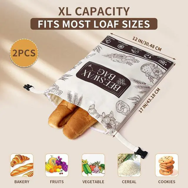 Alt view image 5 of 7 - 2-Pack Organic Beeswax Bread Bags for Sourdough, Removable Liner | Removable double-layer design for easier cleaning. XL 17 x 12 in bags fit sourdough boules, sandwich loaves and baguettes.