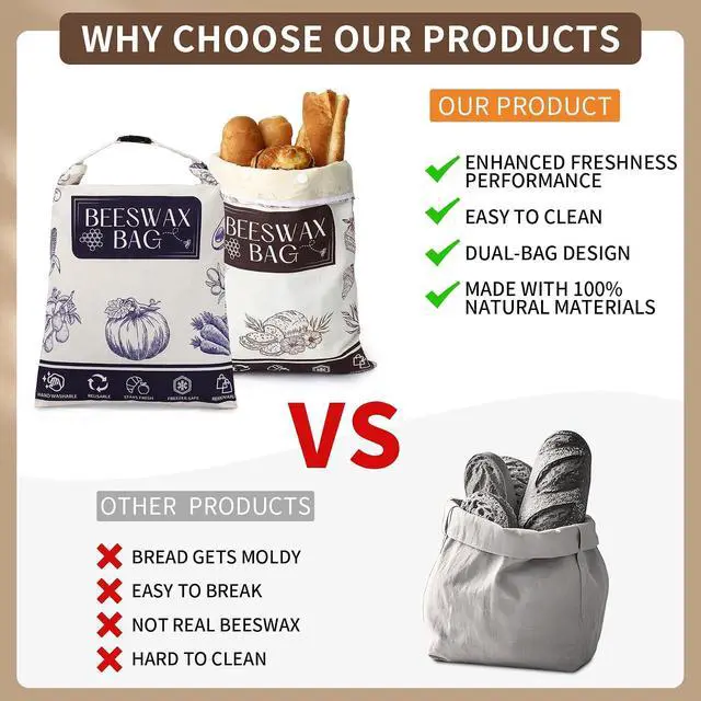 Alt view image 6 of 7 - 2-Pack Organic Beeswax Bread Bags for Sourdough, Removable Liner | Removable double-layer design for easier cleaning. XL 17 x 12 in bags fit sourdough boules, sandwich loaves and baguettes.