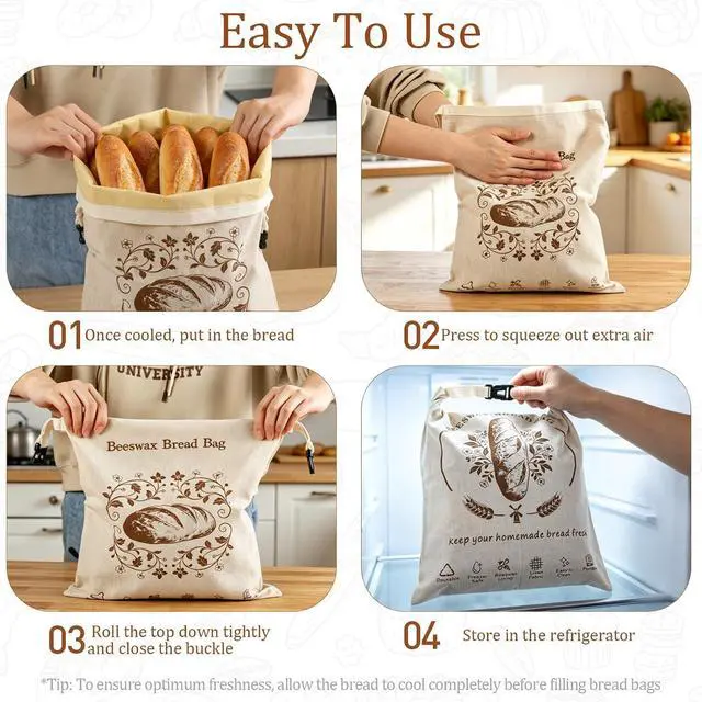 Alt view image 5 of 7 - Beeswax Bread Bags for Homemade Sourdough,2 Pack XL Reusable Bags | Natural beeswax coating keeps bread crusty & fresh. Easy to clean, freezer-friendly, reusable for sourdough, snacks & more.