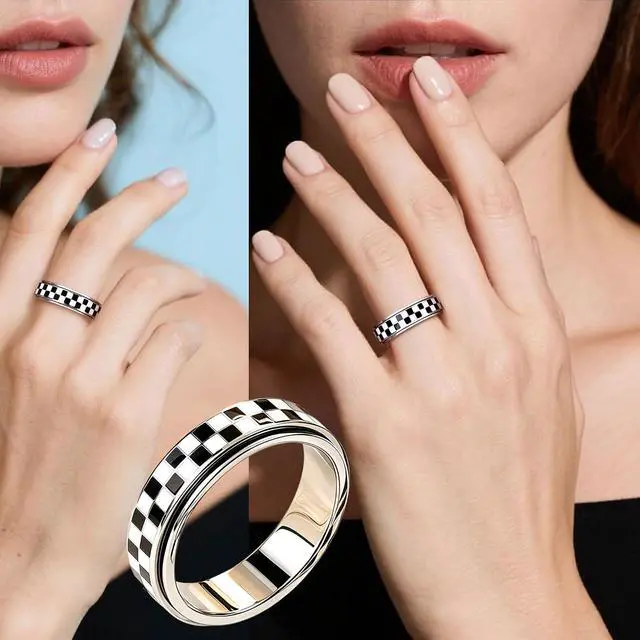 Alt view image 2 of 7 - Checkered Fidget Ring for Anxiety Relief, Discreet Silent Spinning Jewelry, Black+White Pattern Durable Stainless Steel Thumb Spinner Jewelry for Work Office Adults Women Men Gold/Sliver Size 5-11