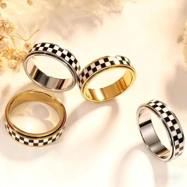 Alt view image 3 of 7 - Checkered Fidget Ring for Anxiety Relief, Discreet Silent Spinning Jewelry, Black+White Pattern Durable Stainless Steel Thumb Spinner Jewelry for Work Office Adults Women Men Gold/Sliver Size 5-11