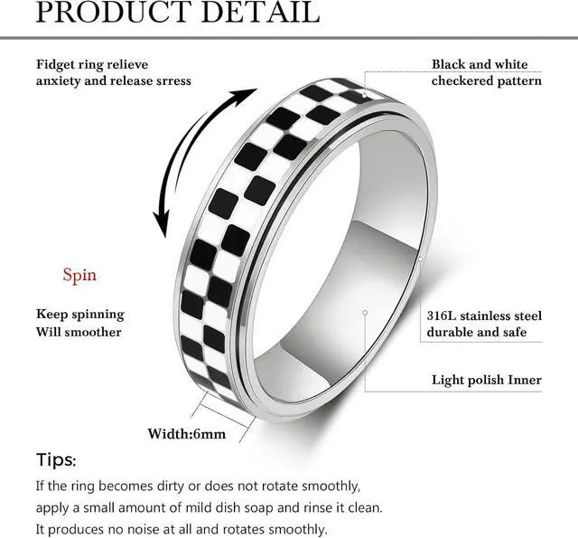 Alt view image 4 of 7 - Checkered Fidget Ring for Anxiety Relief, Discreet Silent Spinning Jewelry, Black+White Pattern Durable Stainless Steel Thumb Spinner Jewelry for Work Office Adults Women Men Gold/Sliver Size 5-11