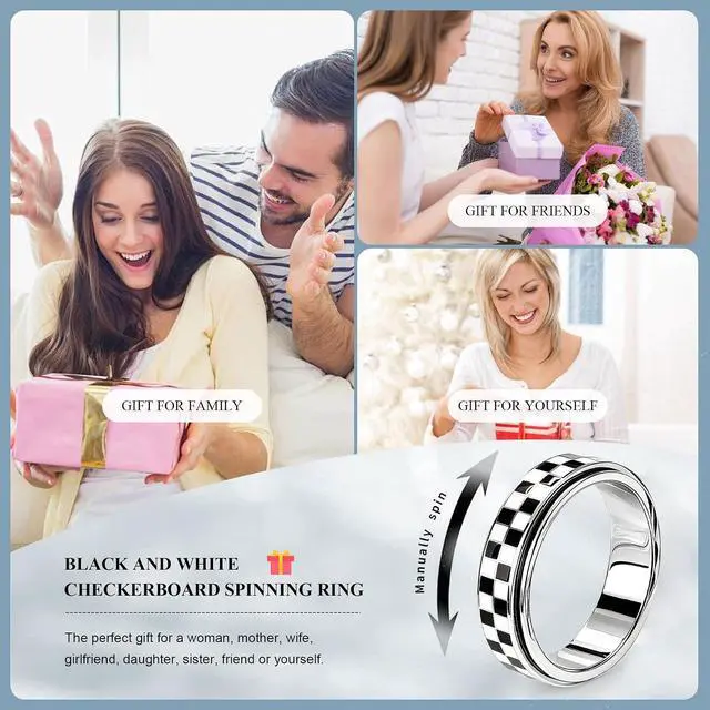 Alt view image 5 of 7 - Checkered Fidget Ring for Anxiety Relief, Discreet Silent Spinning Jewelry, Black+White Pattern Durable Stainless Steel Thumb Spinner Jewelry for Work Office Adults Women Men Gold/Sliver Size 5-11