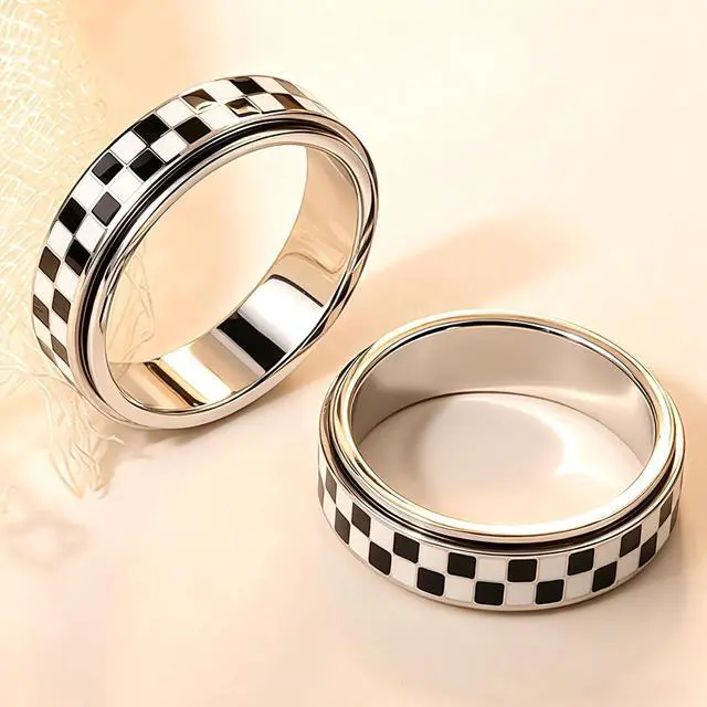 Alt view image 7 of 7 - Checkered Fidget Ring for Anxiety Relief, Discreet Silent Spinning Jewelry, Black+White Pattern Durable Stainless Steel Thumb Spinner Jewelry for Work Office Adults Women Men Gold/Sliver Size 5-11
