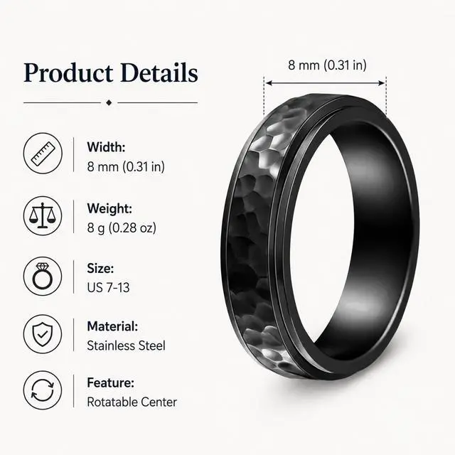 Alt view image 6 of 7 - Mens Fidget Rings Spinner Anxiety Rings for Men Black/Gold/Silver Size 6-13 | Stainless Steel Cool Ring for Him, Anti Stress Ring, Everyday Comfit Wear, Gift for Men