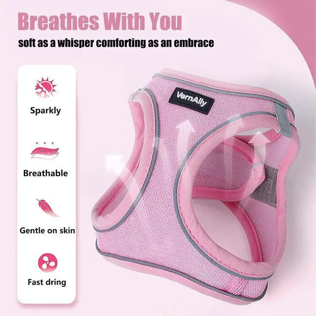 Alt view image 2 of 7 - Sparkly Dog Harness Small Sized and Leash Set for Small Dogs Cats,Pink XXS Puppy Harness, Step in Soft Dog Reflective Vest, Breathable Mesh Pet Harness. (Pink, XXS)