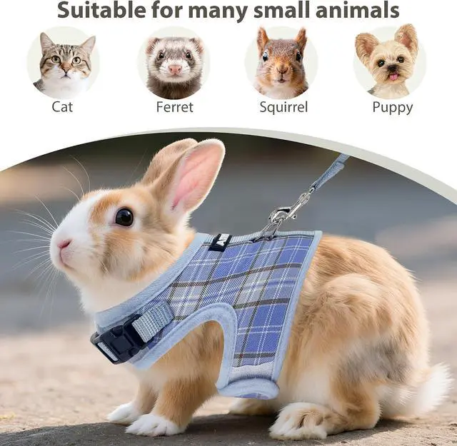 Alt view image 2 of 7 - AIITLE Adjustable Soft Harness with Leash for Rabbits, Blue S | Magic Tape Design, Lightweight Plaid Pattern Mesh Padding, No Choke No Pull for Puppy Cat Squirrel Ferret, Outdoor Walking