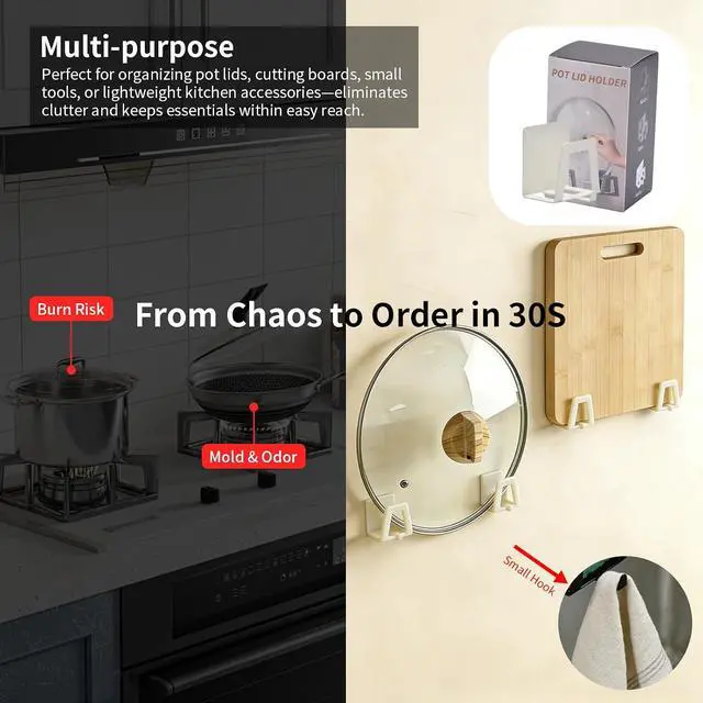 Alt view image 3 of 7 - 12 Pack Pot Lid Holders with Hook, Pot and Pan Hangers for Kitchen Inside Cabinet Wall Mount Rack Cabinet Door Lid Organizer, Save More Space, White