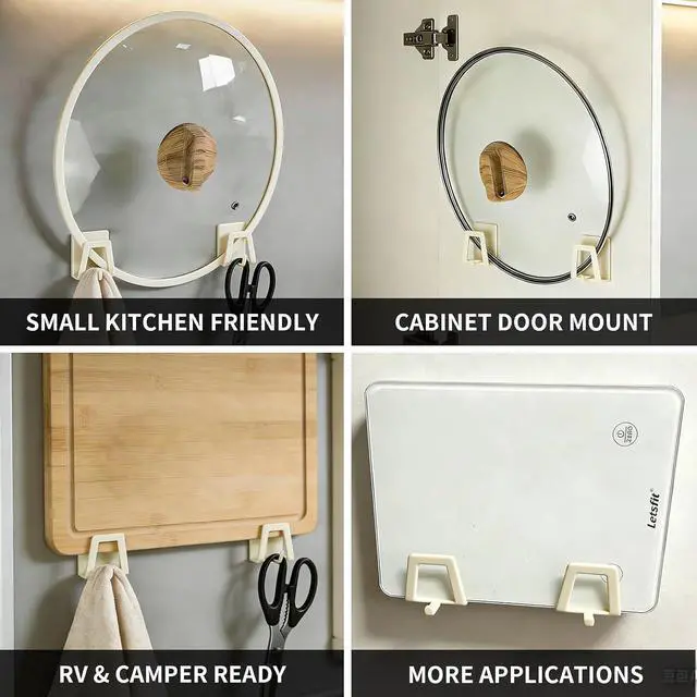 Alt view image 7 of 7 - 12 Pack Pot Lid Holders with Hook, Pot and Pan Hangers for Kitchen Inside Cabinet Wall Mount Rack Cabinet Door Lid Organizer, Save More Space, White