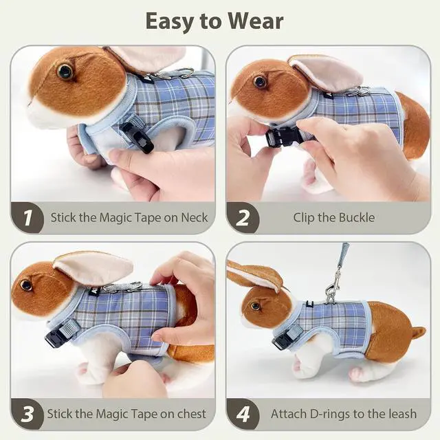 Alt view image 7 of 7 - AIITLE Adjustable Soft Harness with Leash for Rabbits, Blue S | Magic Tape Design, Lightweight Plaid Pattern Mesh Padding, No Choke No Pull for Puppy Cat Squirrel Ferret, Outdoor Walking
