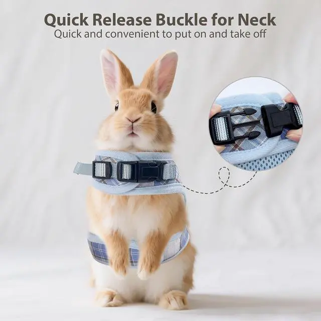 Alt view image 5 of 7 - AIITLE Adjustable Soft Harness with Leash for Rabbits, Blue S | Magic Tape Design, Lightweight Plaid Pattern Mesh Padding, No Choke No Pull for Puppy Cat Squirrel Ferret, Outdoor Walking