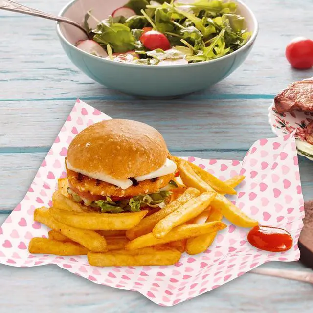 Alt view image 5 of 6 - MIDELONG 50PCS Wax Paper Sheets Food Wrapping Paper Greaseproof Waterproof Dry Waxed Deli Wraps Paper Sheets Non-Stick Liners Tissue for Bread Sandwich Burger,Heart Love Style