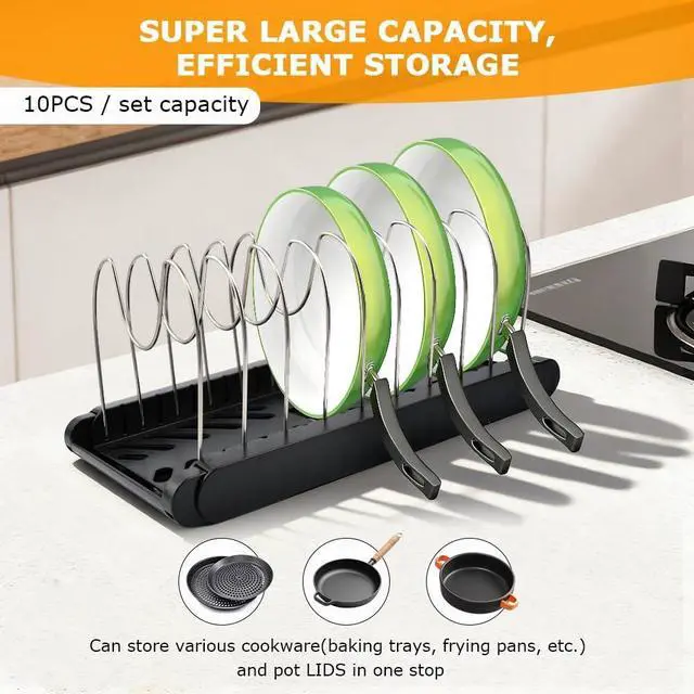 Alt view image 4 of 7 - Pots and Pans Organizer for under Cabinet, Expandable Pot Lid Holder with 10 Adjustable Compartment, Pan Organizer Inside Cabinet for Lids & Cookware(COLOR:Black)