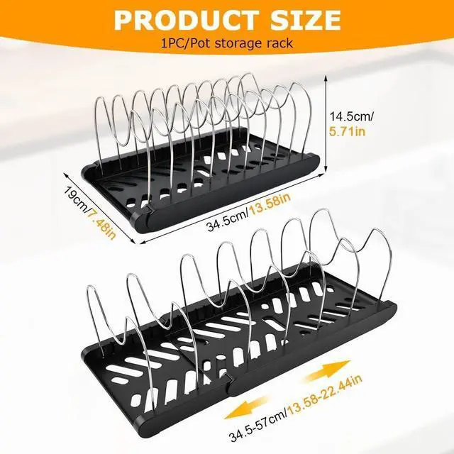 Alt view image 2 of 7 - Pots and Pans Organizer for under Cabinet, Expandable Pot Lid Holder with 10 Adjustable Compartment, Pan Organizer Inside Cabinet for Lids & Cookware(COLOR:Black)