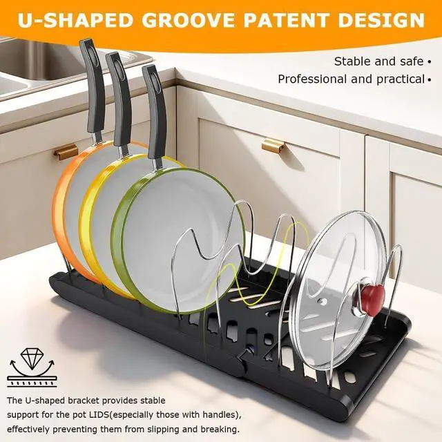 Alt view image 3 of 7 - Pots and Pans Organizer for under Cabinet, Expandable Pot Lid Holder with 10 Adjustable Compartment, Pan Organizer Inside Cabinet for Lids & Cookware(COLOR:Black)