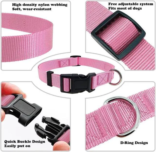 Alt view image 3 of 4 - Basic Dog Collar, Adjustable Nylon for Medium Dogs, Pink | Quick Release,Metal D-Ring,