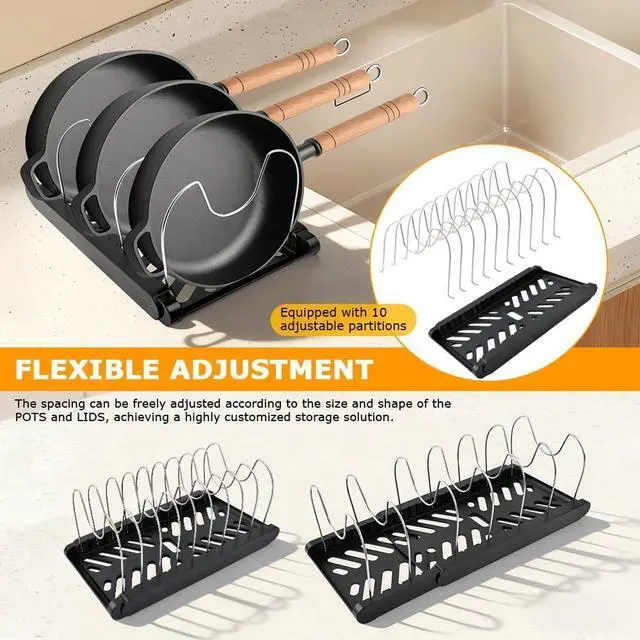 Alt view image 6 of 7 - Pots and Pans Organizer for under Cabinet, Expandable Pot Lid Holder with 10 Adjustable Compartment, Pan Organizer Inside Cabinet for Lids & Cookware(COLOR:Black)
